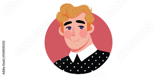 A stylish portrait of a cheerful man with blond hair, a polka-dot shirt, set against a subtle and appealing backdrop.