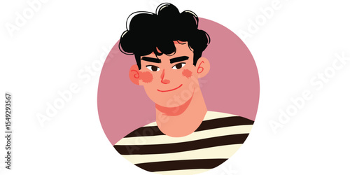 A charming cartoon portrait of a young man with curly hair and a striped shirt, set against a soft pink backdrop and exudes youthful charisma.