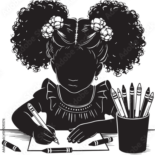 Black Girl coloring with crayons Silhouette Vector, High Quality Illustration on White Background