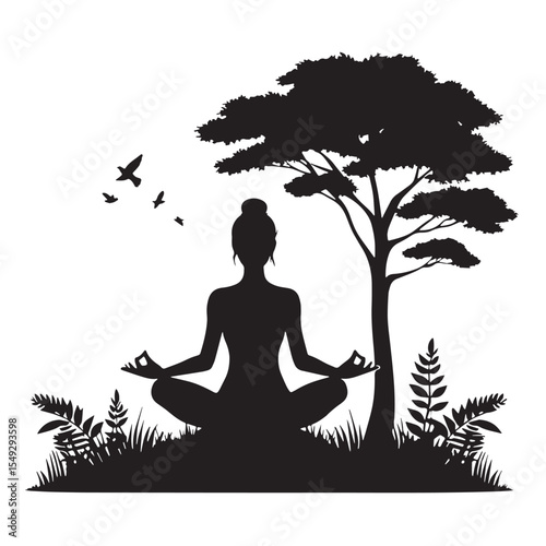 Black Girl meditating in nature Silhouette Vector, High Quality Illustration on White Background