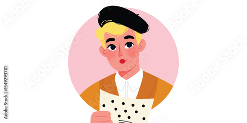 An illustrated individual adorned in a black beret and holding a document in his hand. Capturing the elegance and stylish.
