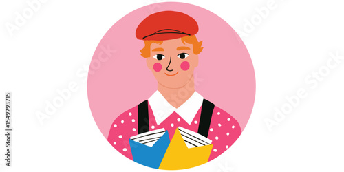 A young student in vintage attire stands out against a pink backdrop, clutching two colorful books in this eye-catching flat lay illustration.