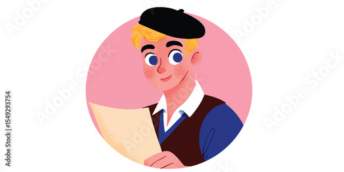 A charming illustration of a young artist wearing a beret, engrossed in his work. The artist's focus and dedication are captured in this creative portrait.