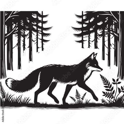 Black Fox walking in woods Silhouette Vector, High Quality Illustration on White Background