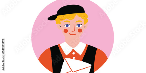 Young cartoon postman in uniform, delivering a letter with a cheerful smile.