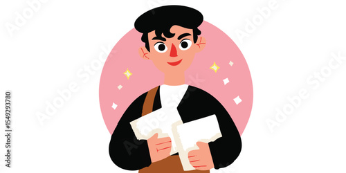 A cheerful young man, possibly a postman or delivery person, smiles warmly while carrying multiple envelopes, conveying a sense of efficiency and reliability.