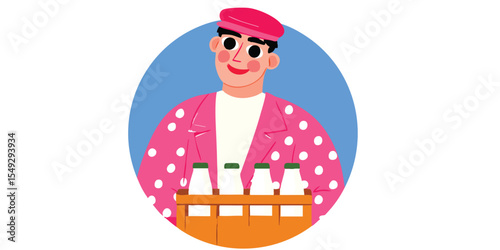 A friendly person, perhaps a milkman, smiles confidently while carrying a crate of milk bottles. This image highlights a cheerful, everyday scene.