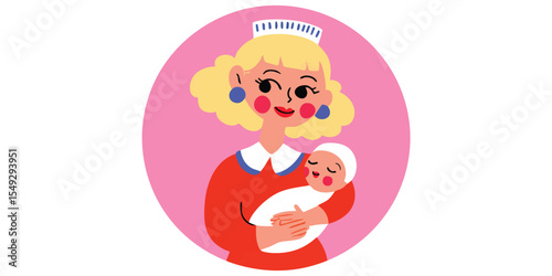 A cheerful mother gently cradles her newborn baby, radiating warmth and love in this charming illustration.