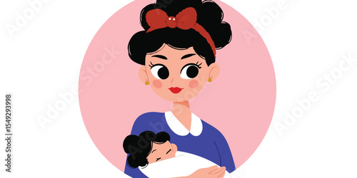 An artistic illustration, showcasing a loving mother cradling her newborn baby with a gentle embrace. A heartwarming portrait of familial love.