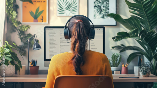 Young woman with headphones working on computer at home office desk surrounded by indoor plants and wall art. Remote work and online communication. Modern workspace.