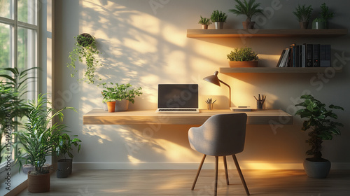 Modern home office with floating wooden desk, closed laptop, stylish chair, houseplants, wall shelves and warm sunset light. Cozy and peaceful workspace. Natural vibes.