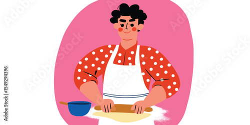 A woman expertly rolls out dough, her focus evident as she prepares for the culinary delights. A charming scene of culinary preparation, illustrated with vibrant details.