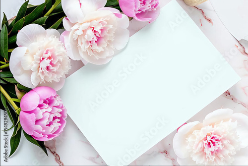 White empty platform Mockup with Pink and White peonies Flowers on Marble Background 