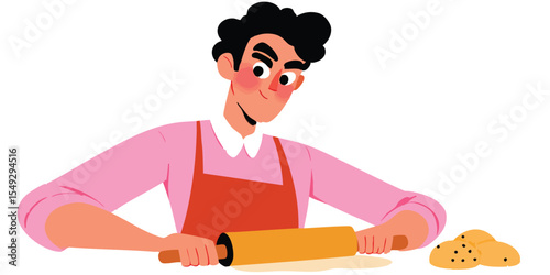 A cartoon illustration shows a person kneading dough with a rolling pin in the kitchen.