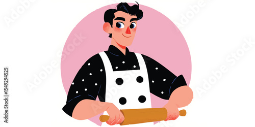 A joyful chef in a pristine apron, crafting delectable treats with a rolling pin, his culinary passion radiates from the warmth of his smile. The design has a simple aesthetic.