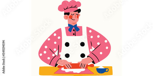 A whimsical illustration depicts a baker meticulously preparing dough with a rolling pin, evoking a sense of culinary artistry and passion.&#x20;