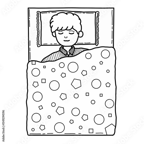 Hand drawn vector illustration boy sleeping peacefully in bed, for greeting card, poster. Kids bedtime routine