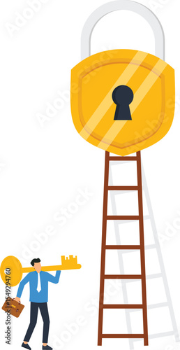 Businessman Reaching Giant Key Unlock Padlock Success Ladder,success, goals, ambition, achievement, key, padlock, ladder, businessman, climb, growth, strategy, challenge, problem-solving, perseverance