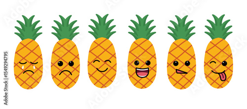 Cute pineapple emoticons set fruit expressions. Hand drawn Kawaii pineapple characters