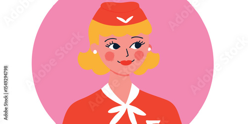 A cheerful flight attendant in a vintage-inspired uniform, smiling warmly against a soft background, perfect for travel and hospitality themes.