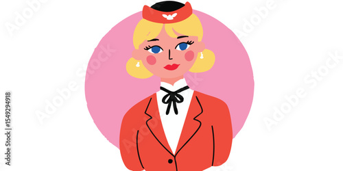 A vintage stewardess in a retro uniform with a friendly face and charming style against a clean and creative background.