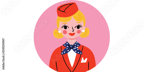 A friendly, retro-style illustration of a flight attendant, rendered in a charming circular composition. The attendant, adorned in classic attire, exudes professionalism and warmth.