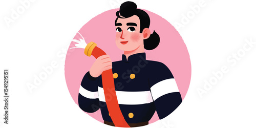 A determined firefighter with a spray nozzle in a circular frame, ready to bravely face any challenge, with a symbol of courage and community service.