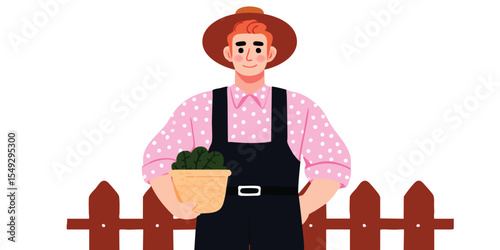 A friendly gardener in a stylish hat and overalls poses confidently, holding a pot of lush greenery, evoking a sense of nurturing, growth and the joy of gardening.
