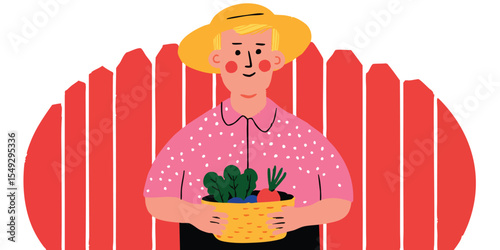 A farmer, radiating rural charm, holds a woven basket overflowing with fresh, vibrant produce in this graphic illustration. Surrounded by a red fence, the scene speaks of hard work, healthy living.