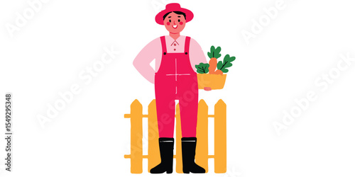 A cheerful farmer stands proud, holding a basket brimming with fresh carrots in a vibrant, animated illustration, showcasing the joy of harvest and the bounty of the land.