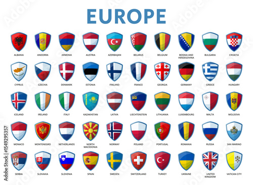 Shields with flags of Europe countries.	