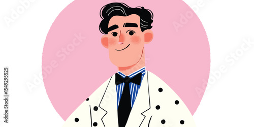 A stylish illustration of a well-dressed gentleman with a fashionable patterned suit, emanating confidence and charm against a soft, circular background.