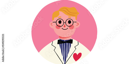 A charming cartoon illustration depicts a character in a white coat with a bow tie and glasses, surrounded by a soft pink background.