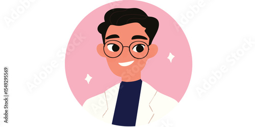 A cheerful doctor or medical professional with glasses and a friendly smile is depicted in an artistic portrait, radiating a sense of care and approachability.