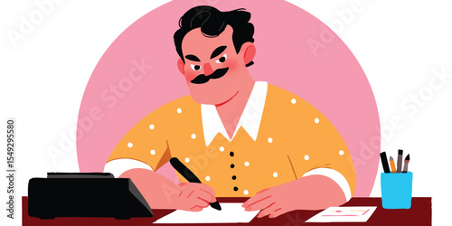 A focused illustration of a man, with a mustache, dressed in a polka-dot shirt, diligently writing at his desk. With a vintage phone on the desk, with a pencil and pen holder. 