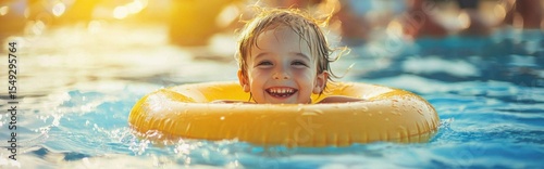 Child learning to swim with a float during a summer vacation at the sea