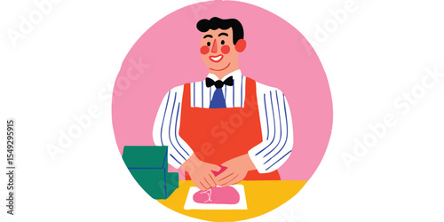 Happy butcher wrapping meat.