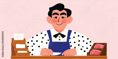 A friendly butcher stands confidently behind the counter, an illustration embodying expertise and customer service in a professional setting.