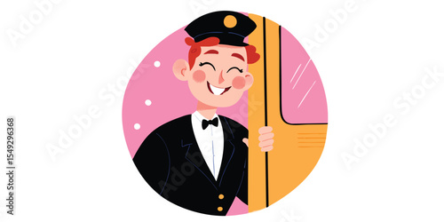 A friendly conductor smiling broadly, welcoming passengers with warmth and professionalism in an eye-level shot, ready to guide passengers.