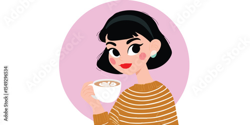 A charming illustration of a stylish woman, enjoying a moment of relaxation with a warm beverage, set against a soft backdrop. The image captures the essence of calm and enjoyment.