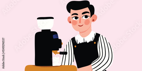An inviting illustration showcasing a cheerful barista skillfully preparing coffee with a modern espresso machine, embodying the essence of cafe culture.