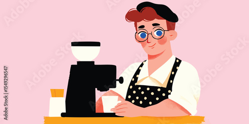 A smiling barista crafts a cup of coffee, with a touch of artistic illustration. The barista is at the counter preparing coffee.