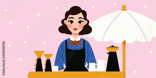 A charming barista stands poised behind a coffee stand, offering the promise of a rich and flavorful coffee experience. The soft hues and clean lines create a sense of welcoming elegance. 