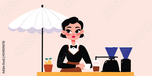 A barista stands at a charming coffee stand, meticulously crafting a cup of coffee under a stylish umbrella, The image showcases the art of coffee making.
