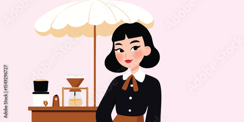 A stylish woman barista stands with her coffee cart, ready to craft the perfect cup of coffee. This scene exudes warmth and the simple pleasures of everyday life.