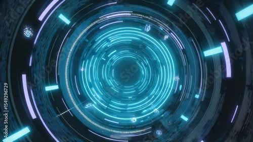 Futuristic time vortex tunnel, spinning blue energy rings with digital clock elements, perfect for sci-fi transitions.