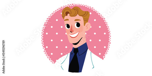 Illustration of a smiling doctor with fair hair and a blue tie against a polka-dot pink backdrop, radiating professionalism and warmth.