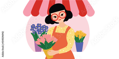 A charming illustration of a florist, holding a bouquet and surrounded by vibrant flowers, creating a warm and inviting scene.