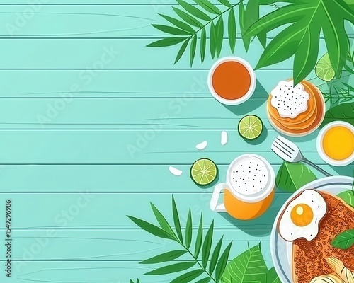 Breakfast Feast with Eggs, Pancakes, Citrus and Tropical Leaves
