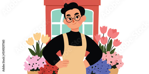 A florist stands proudly in front of a shop adorned with vibrant blooms, a testament to the artistry of nature's beauty, the scene exudes charm and creativity.